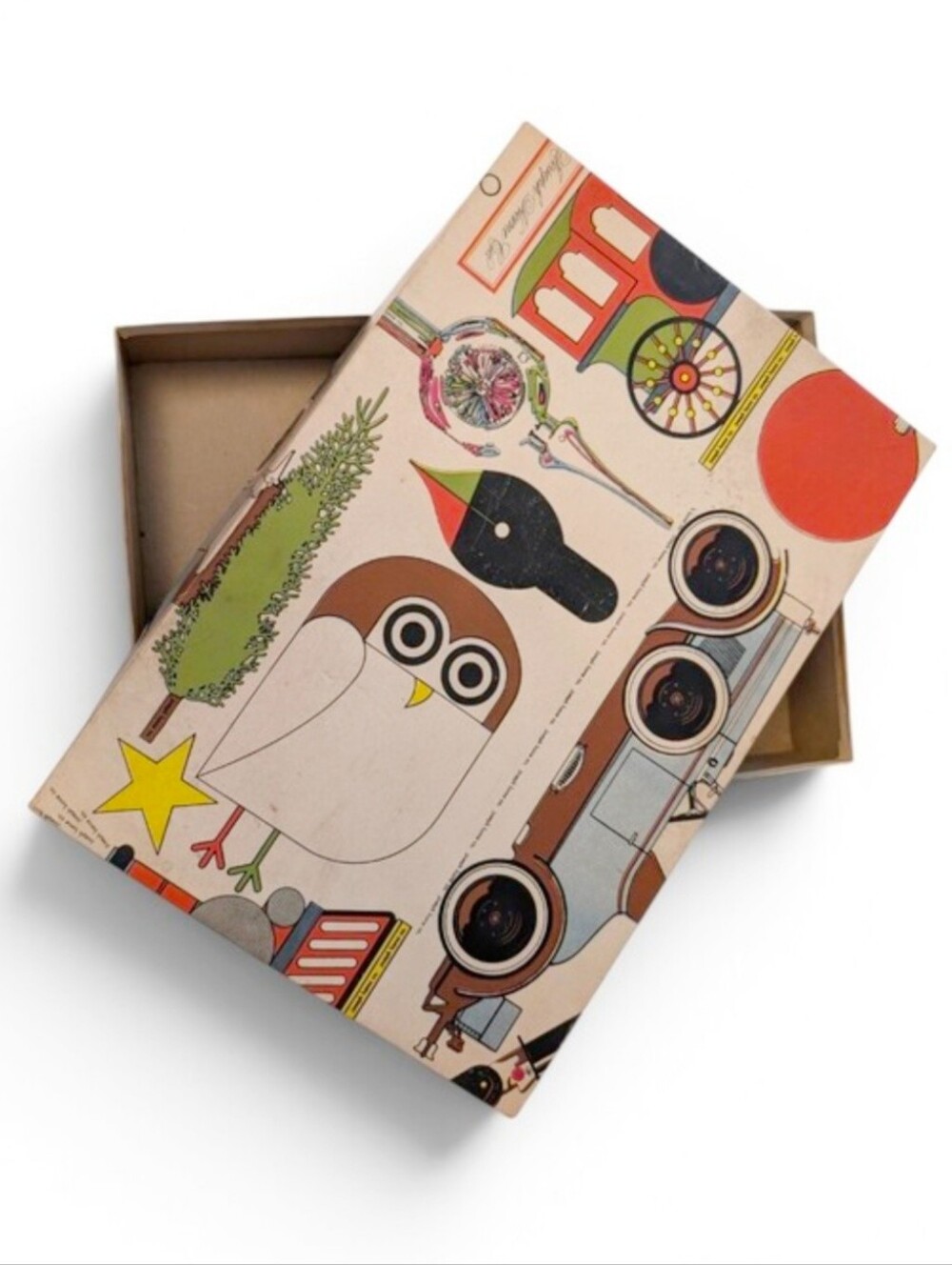 VINTAGE Retro Holiday Gift Box Joseph Horne Owl Car Orange Blue Green Yellow